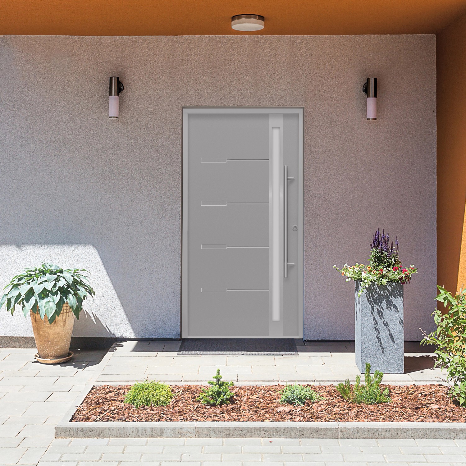 Graue Sicherheits-Haustür ThermoSpace Prime Neapel RC2, 110x210 cm, Rechtsanschlag.