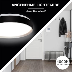 Runde LED-Deckenleuchte Schwarz/Weiß mit 4000K Neutralweißlicht. Zeigt Backlight-Effekt und Installation im Flur.