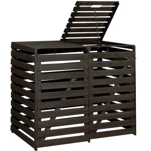 Anthrazitfarbene Mülltonnenbox für 2 Tonnen, aus imprägniertem Holz mit geöffnetem Deckel.