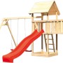 Karibu Spielturm Lotti mit Doppelschaukel, roter Rutsche und Kletterwand aus Holz.