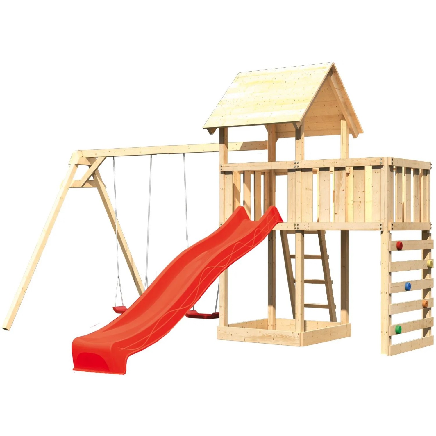 Karibu Spielturm Lotti mit Doppelschaukel, roter Rutsche und Kletterwand aus Holz.