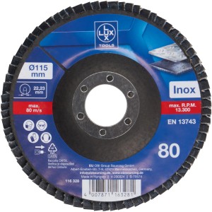 LUX Fächerschleifscheibe Metall, Ø 115mm, K80. Zubehör für Winkelschleifer.