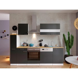 Respekta Küchenzeile KB250WG, 250 cm, grau-weiß mit E-Geräten und Spüle.