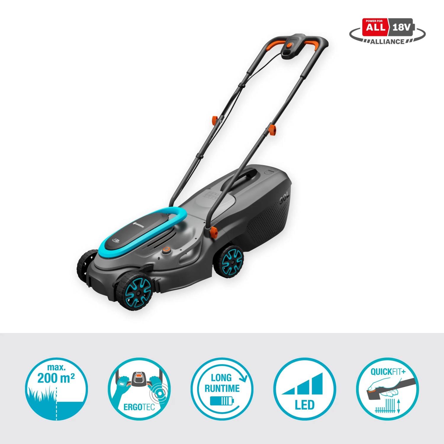 Gardena Akku-Rasenmäher PowerMax 32/18V mit Akku und Ladegerät.