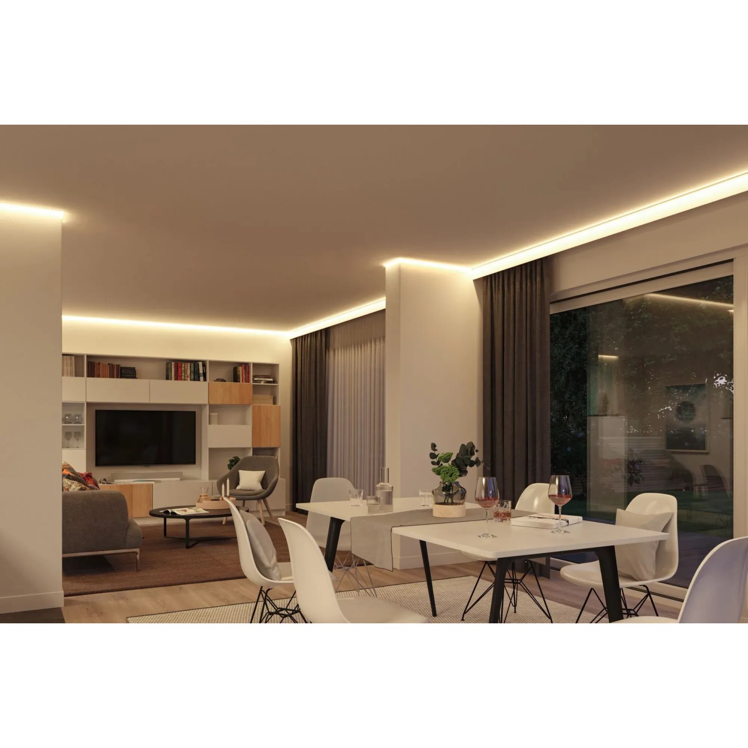 Wohnraum mit Paulmann LED-Strip SimpLED, warmweißes Licht an der Decke.