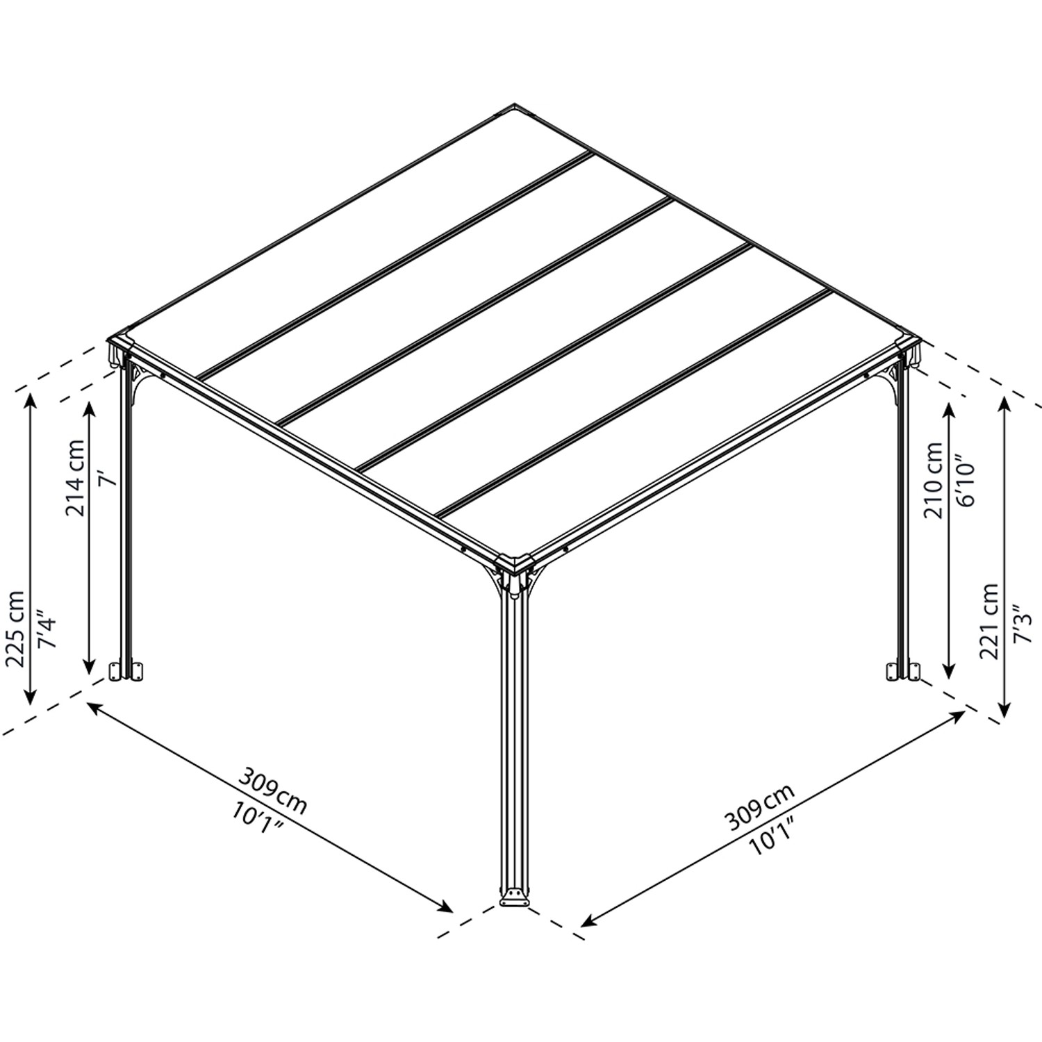 Draufsicht des anthrazitfarbenen Palram Canopia Milano Gartenpavillons 3.1x3.1m mit LED und Maßangaben.