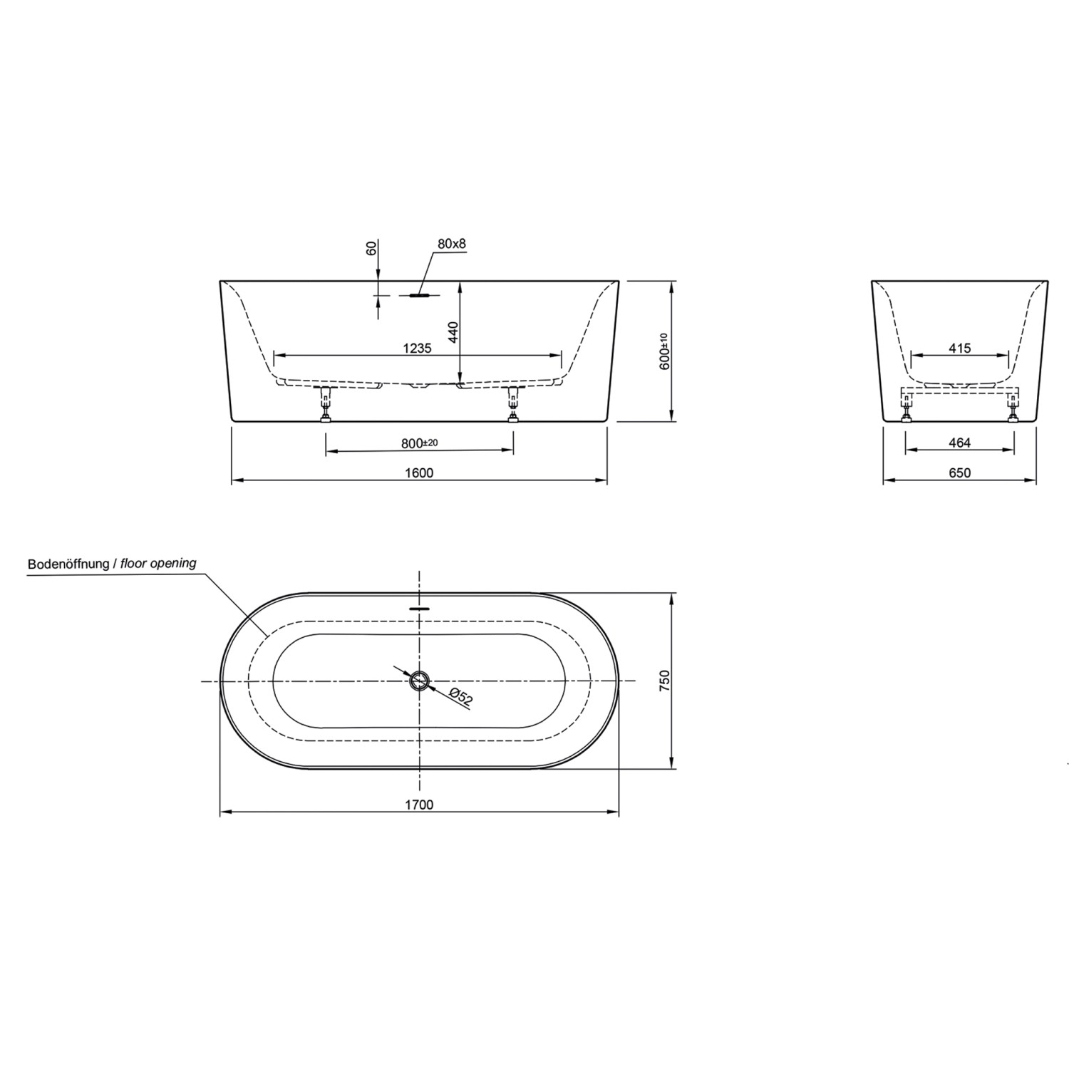Ottofond Badewanne Mince Freistehend 170 cm Weiß_4