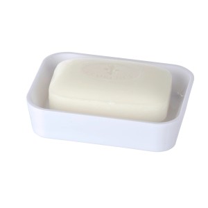 Wenko Seifenablage Candy White mit Seife, weiße Kunststoff-Seifenschale für Bad.