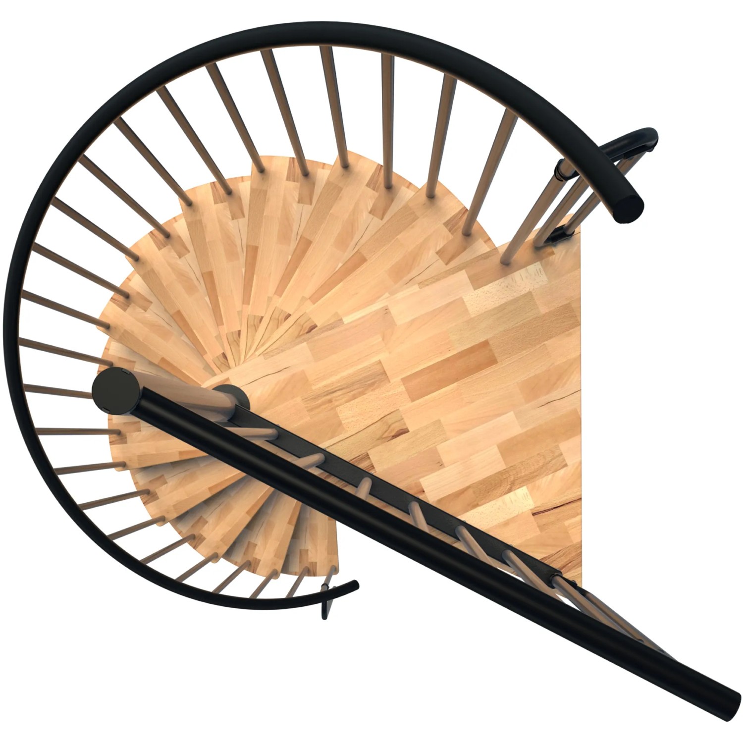 Minka Spindeltreppe Berlin Buche, schwarz, Ø140cm, Aufsicht. Innentreppe mit Holzstufen und schwarzem Geländer.