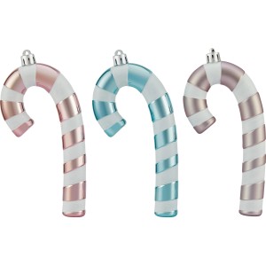 Weihnachtsdeko: 6 Zuckerstangen in Rosa, Eisblau und Silber als Baumbehang.