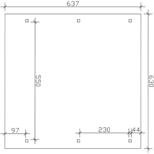 Skizze des Skan Holz Doppelcarports Wendland (630x637cm) mit Maßangaben für Pfostenpositionen.