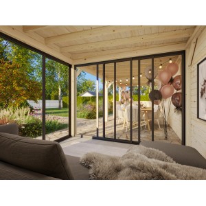 Palmako Pavillon Lenna Set 415, 876x300 cm, weiß lackiert. Weekendhaus mit Schiebetüren und Blick in den Garten.