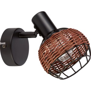 Deckenleuchte Buia mit Rattanoptik, braunes Rattan und schwarzes Metall. Spot für E14 Leuchtmittel.
