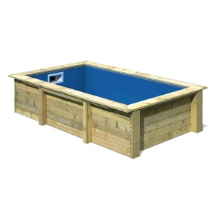Karibu Holzpool Triton, kesseldruckimprägniert, mit blauer Innenfolie und Holzumrandung.