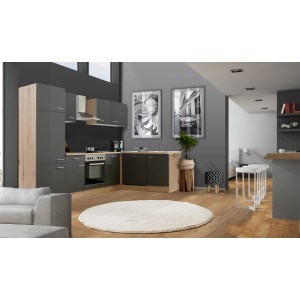 Moderne Winkelküche in Basaltgrau matt und San Remo Eiche Optik mit E-Geräten und Spüle.