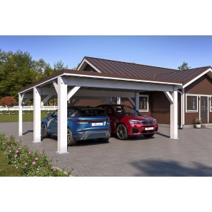 Holzbrüder Carport Ralf 36 in Reinweiß-Dunkelbraun mit zwei geparkten Autos.