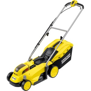 Gelber Kärcher Akku-Rasenmäher LMO 18-33 Battery mit Fangkorb.