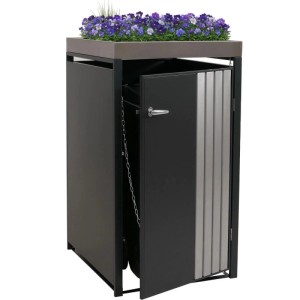 Anthrazitfarbene Mülltonnenbox mit Edelstahl-Pflanzkasten (125x68x84cm) für eine Tonne.