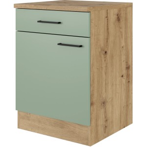Flex-Well Unterschrank Cara, 60 cm, Schilfgrün/Artisan Eiche, mit Schublade und Tür.