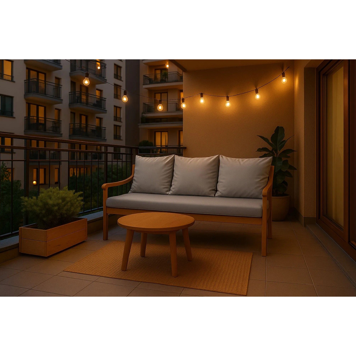 Graues Setgarden Bankkissen-Set für 3-Sitzer Gartenbank mit Rückenlehne auf Balkon.