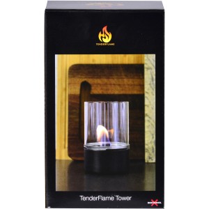 Verpackung des Tenderflame Tischfeuer Turm, ein Deko-Kamin mit Glaszylinder und Flamme.