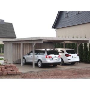 Grau lasierter KVH-Doppelcarport Usedom mit zwei geparkten Autos.