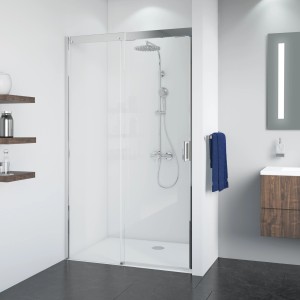 Breuer Schiebetür Panorama Chrom Klarglas, 140 cm, für Nische links, mit Duscharmatur.