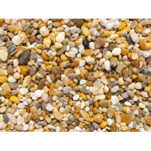 Nahaufnahme von bunten Flusskieseln (8-16 mm) für den Garten- und Landschaftsbau.