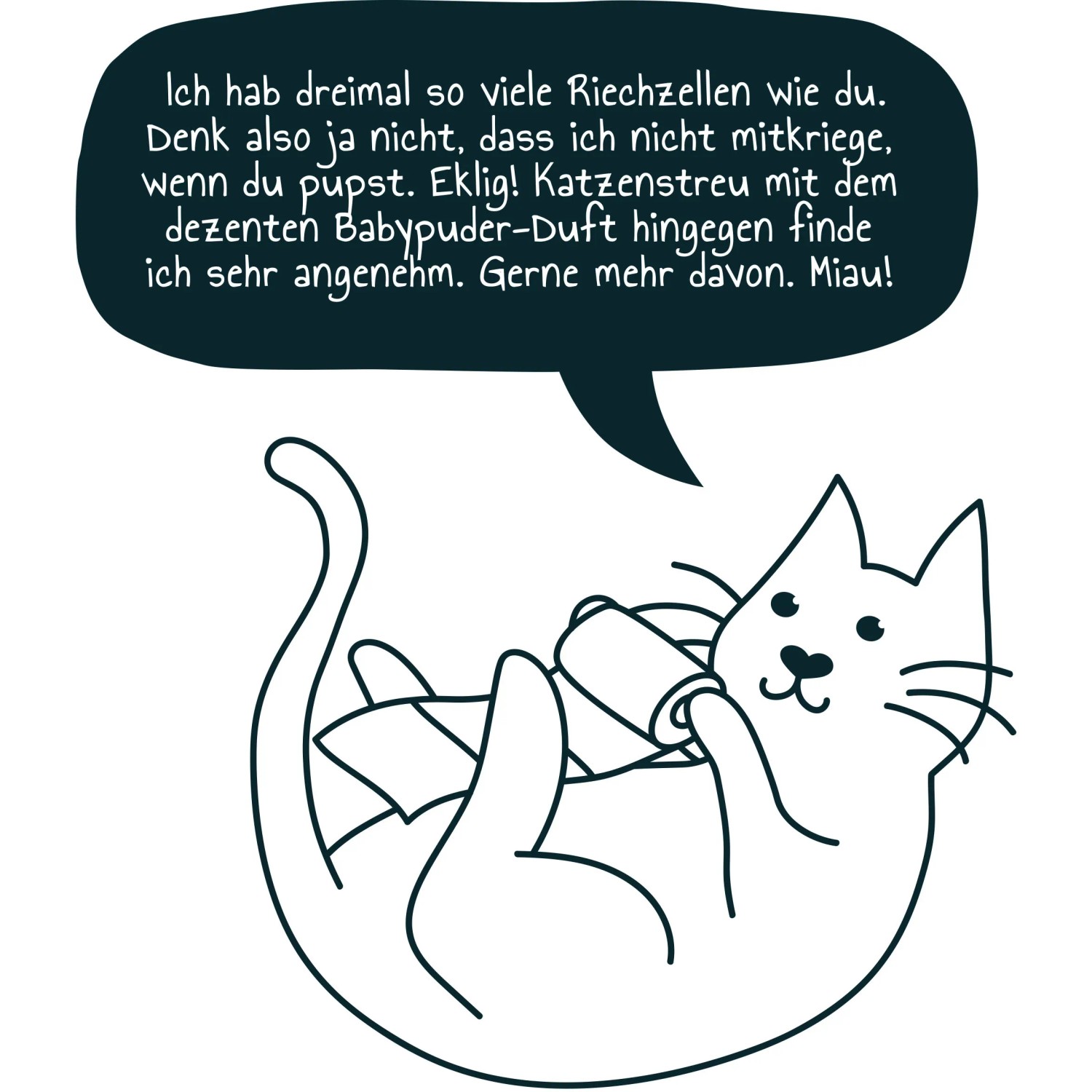 Cartoon-Katze mit Sprechblase, die Primox Katzenstreu mit Babypuderduft lobt.