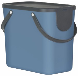 Blauer Rotho Mülleimer Albula 25 l mit grauem Deckel und Griffen. Praktischer Abfalleimer für die Küche.