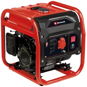 Rotes Einhell Notstromaggregat TC-IG 1100 mit schwarzem Gehäuse, Tragerahmen und 230V Steckdose. Mobiler Benzin-Stromerzeuger.