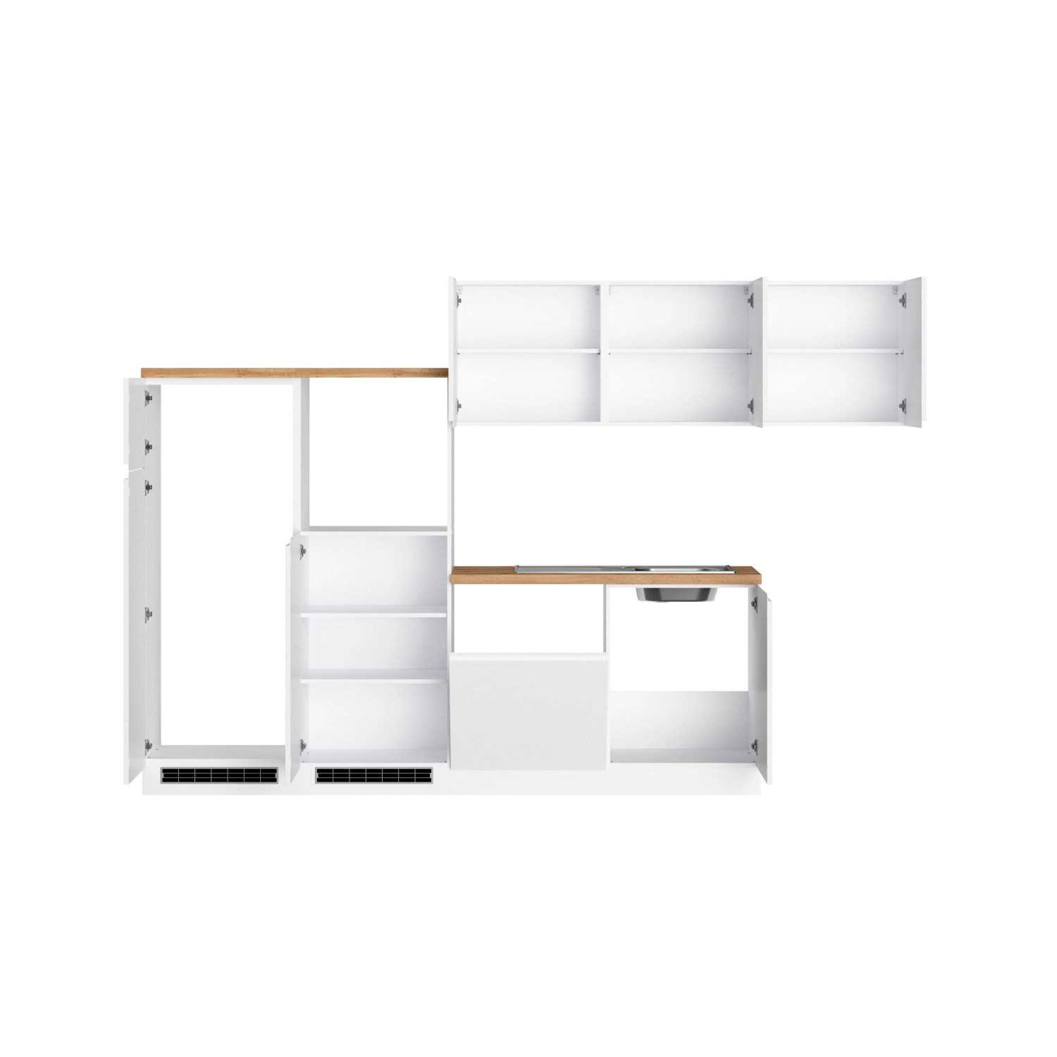 Weiße Held Winkelküche Gera 300 cm mit Wotan Arbeitsplatte, ohne E-Geräte.