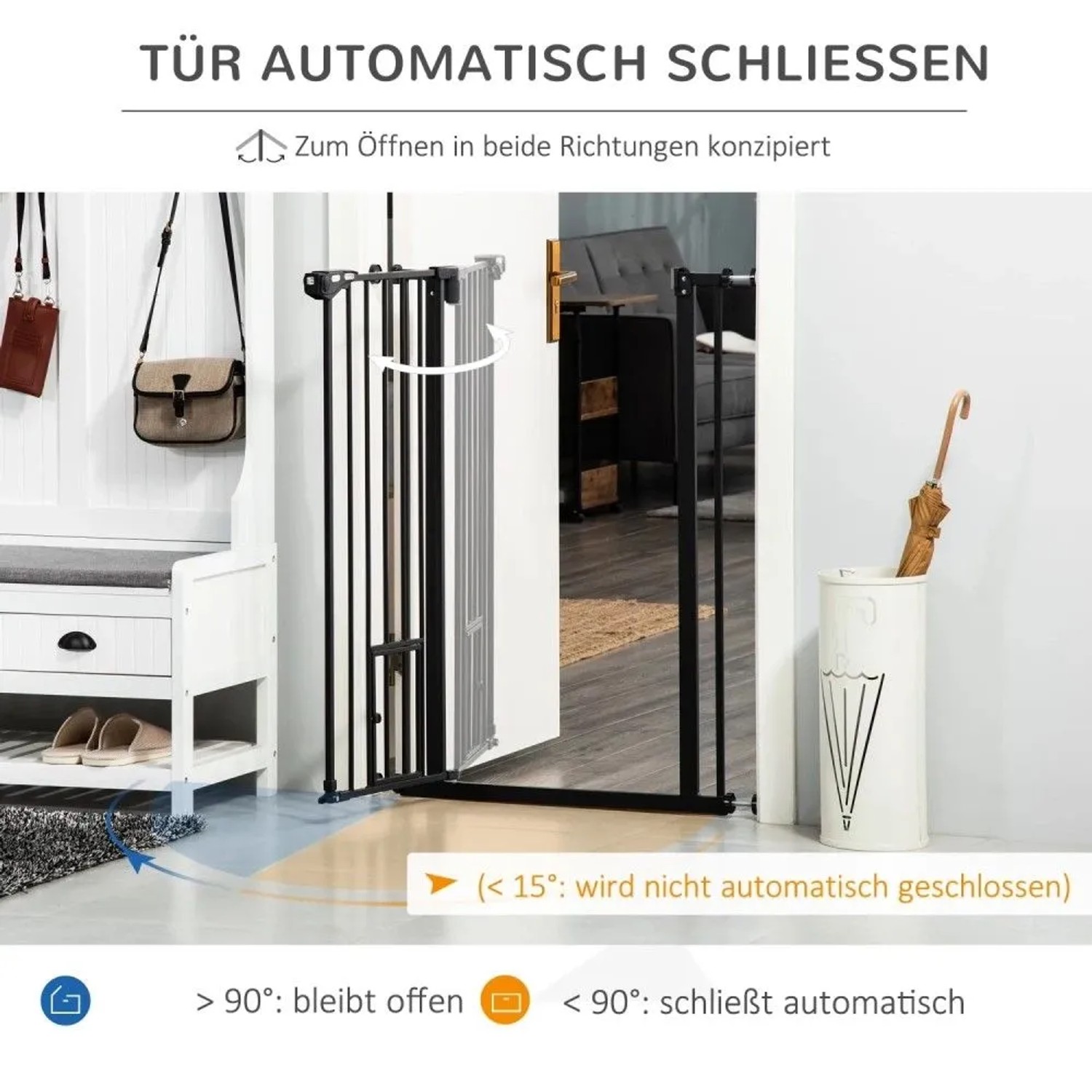 Schwarzes PawHut Türschutzgitter mit Schließautomatik und Katzenklappe im Flur. Variabel, sicher für Haustiere.