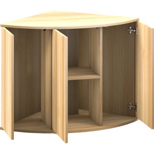 Juwel Aquariumunterschrank SBX Trigon 190, helles Holz, mit offenen Türen und Regalfächern.