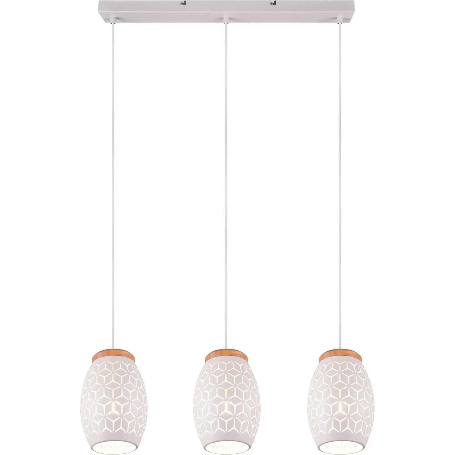 Weiße, 3-flammige Reality Pendelleuchte Bidar mit Holzdetails für gemütliches Licht.