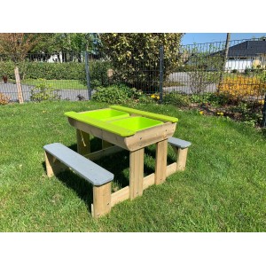 Wendi Toys Sand- & Wasser-Picknicktisch mit Bänken, Holz, grün/grau, für Kinder.