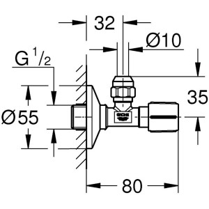Technische Zeichnung: Grohe Eckventil 13 mm (1/2) in Matt Schwarz mit Maßangaben.