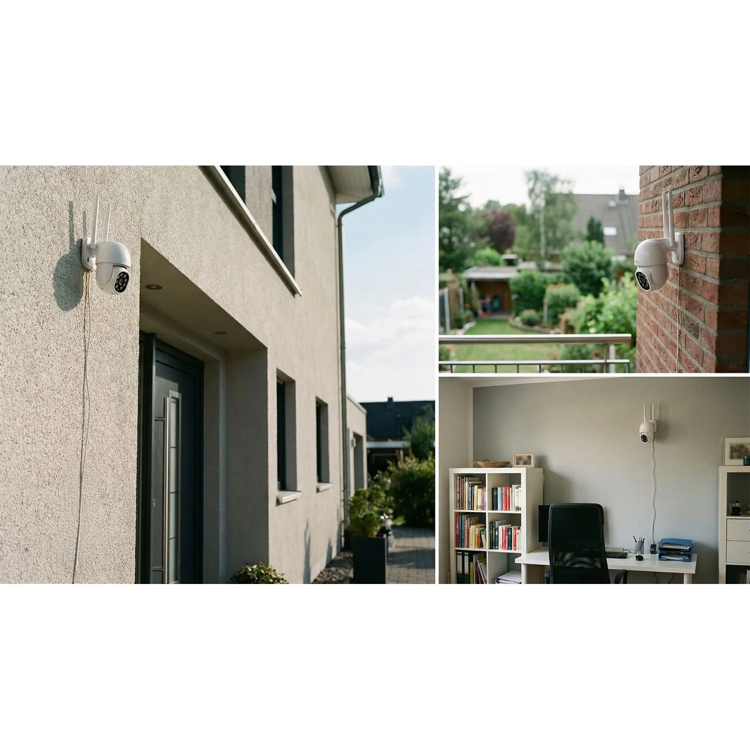 Weiße Technaxx Mini-Überwachungskamera TX-389 mit Antennen, montiert an Hauswand, Ziegelwand und innen. Videoüberwachung.
