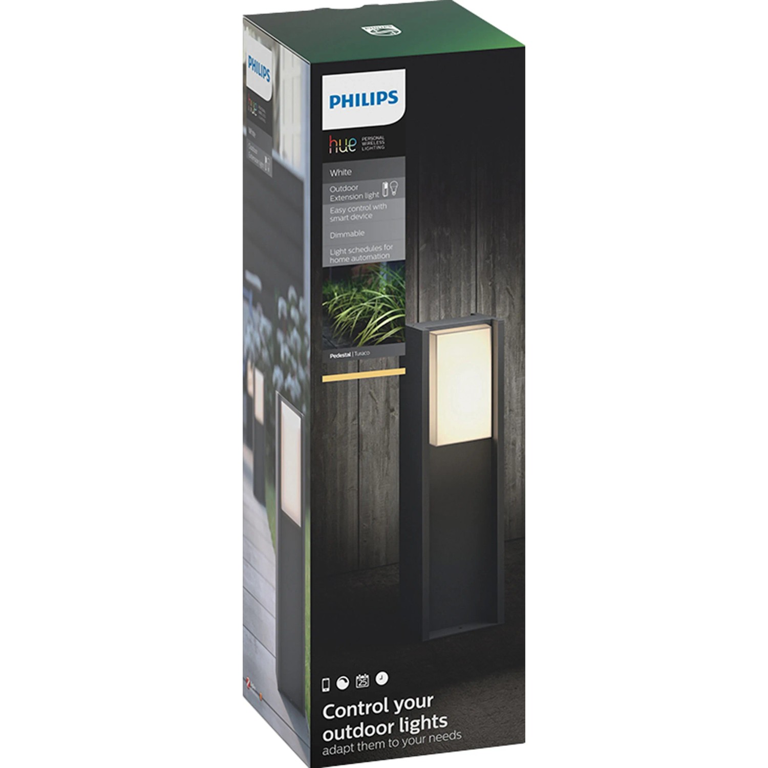 Verpackung der Philips Hue LED-Sockelleuchte Turaco in Anthrazit.