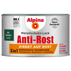 Dunkelgrüner, matter Alpina Metallschutzlack Anti-Rost 300ml für Eisen- und Nichteisenmetalle.