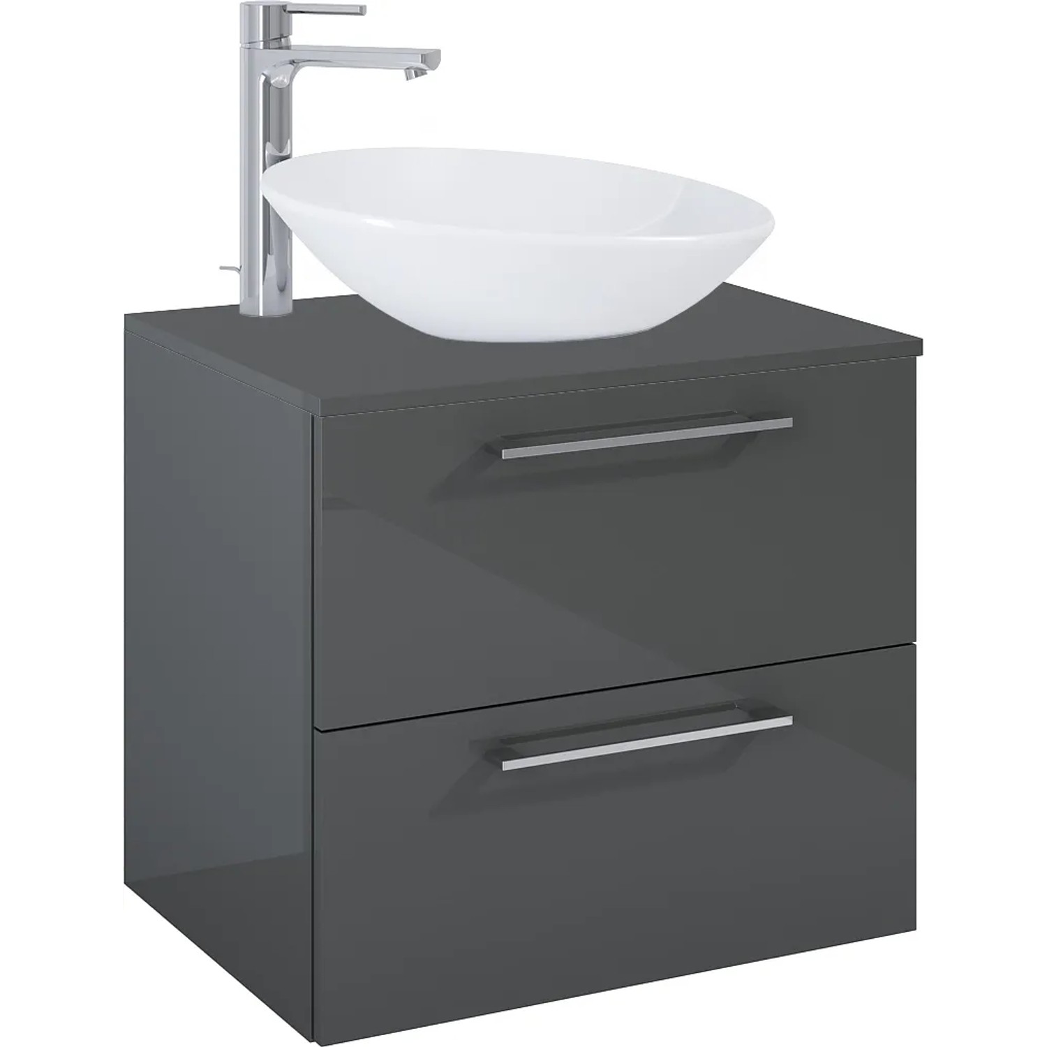 Maximus Waschbeckenunterschrank Stylo Anthrazit, 60 cm breit, mit Aufsatzwaschbecken und Armatur.