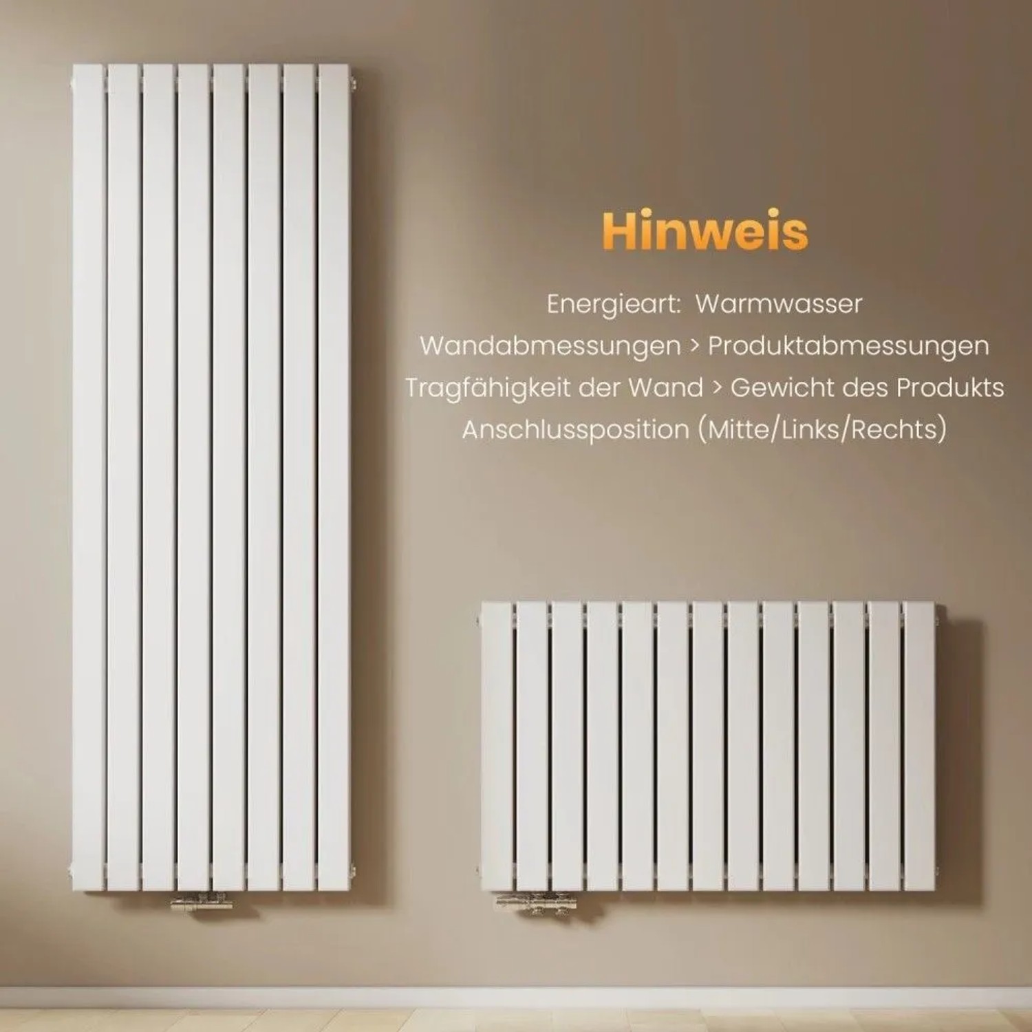 Weißer Emke Design Paneelheizkörper, vertikal und horizontal, mit Hinweisen zur Warmwasser-Installation.