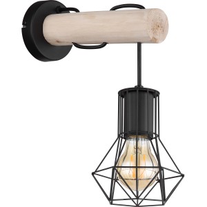 Moderne Globo Wandlampe mit schwarzem Metall und naturfarbenem Holz. Dekorative Wandleuchte für E27 Leuchtmittel.