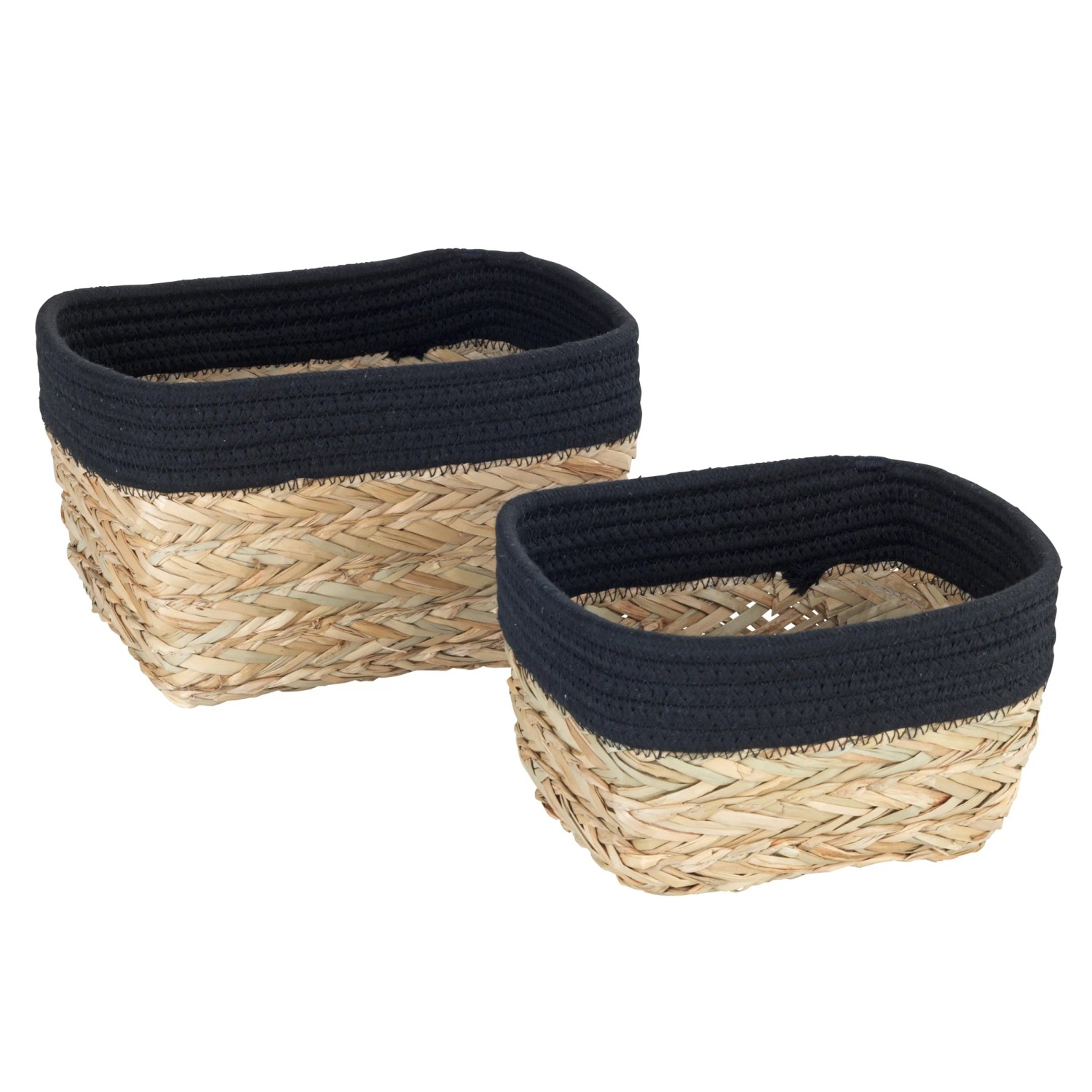 Wenko Aufbewahrungskörbe Rika, 2er Set, Natur/Schwarz, aus Borstengras mit Stoffbordüre, ideal für Bad, Küche und Wohnbereich.