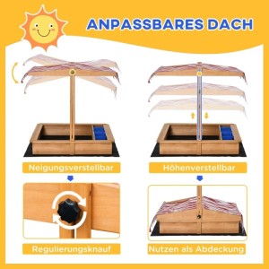 Outsunny Sandkasten aus Holz mit gestreifter Abdeckung. Höhen- und neigungsverstellbarer Sonnenschutz, auch als Abdeckung nutzbar.