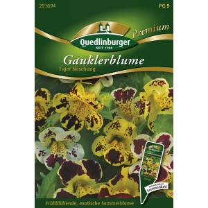 Samenpackung Quedlinburger Gauklerblumen 'Tiger Mischung' mit gelb-braun gefleckten Blüten.