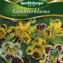 Samenpackung Quedlinburger Gauklerblumen 'Tiger Mischung' mit gelb-braun gefleckten Blüten.