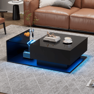 Schwarzer Hochglanz Couchtisch mit blauer LED-Beleuchtung, Glasplatte und Schublade. Modernes Wohnzimmertisch-Design.