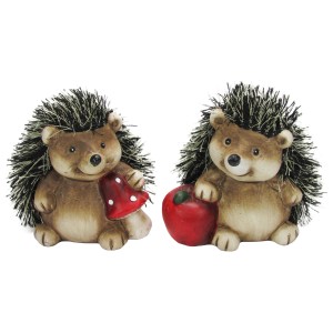 Zwei Deko Igel aus Keramik, je 8 cm, einer mit Pilz, einer mit Apfel.