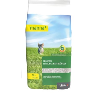 Verpackung Manna Progress Frühlings-Rasendünger 10kg mit Katzenmotiv. Frühjahrsdünger für dichten Rasen.